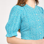 Mudflower Ditsy Floral Print Tiered Midi Dress with Puff Sleeves (Size 14) - Blue
