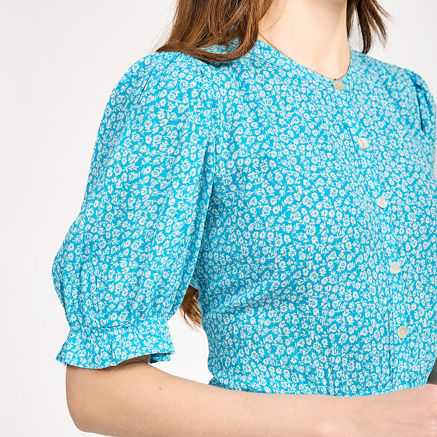 Mudflower Ditsy Floral Print Tiered Midi Dress with Puff Sleeves (Size 14) - Blue