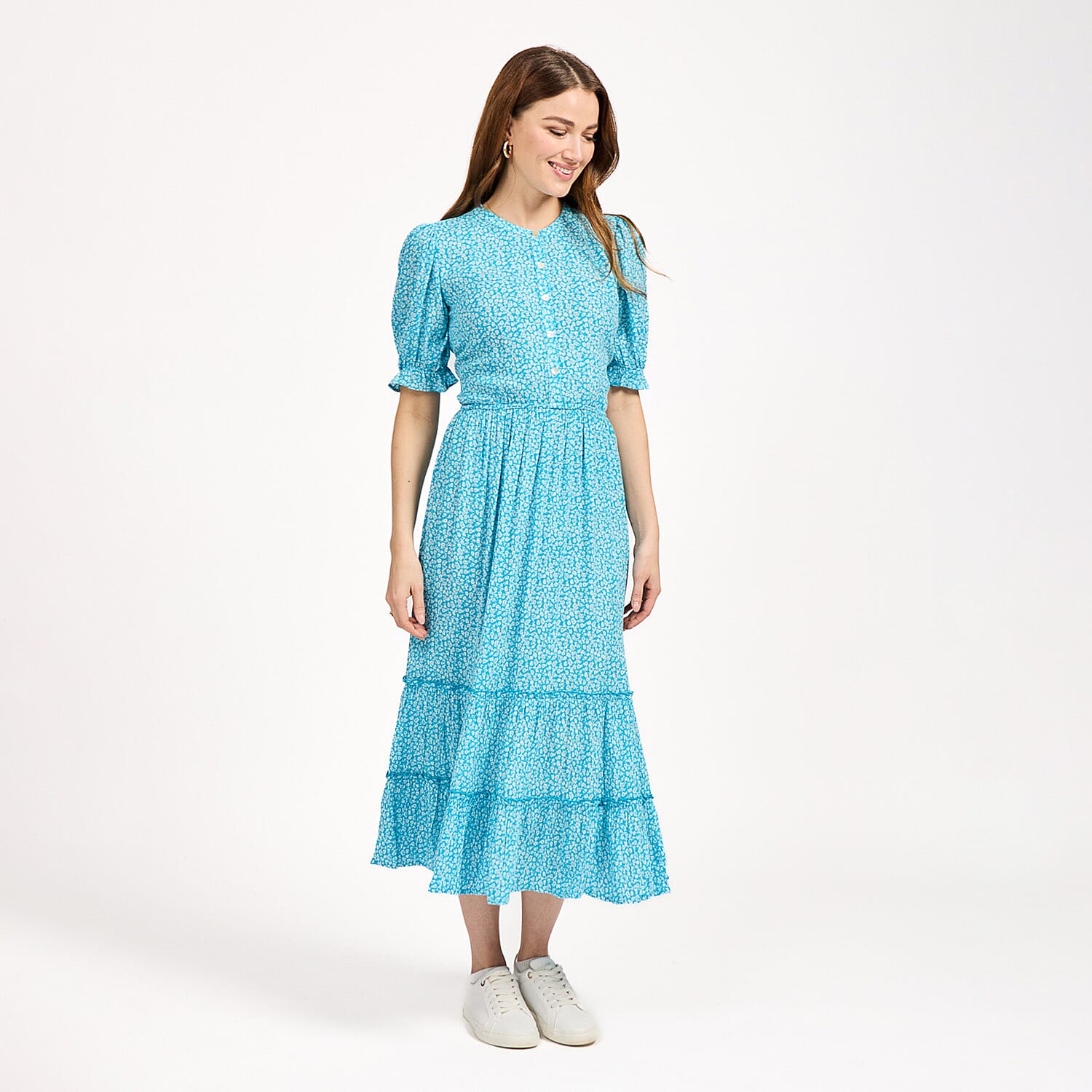 Mudflower Ditsy Floral Print Tiered Midi Dress with Puff Sleeves (Size 20) - Blue