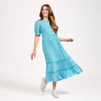 Mudflower Ditsy Floral Print Tiered Midi Dress with Puff Sleeves (Size 20) - Blue