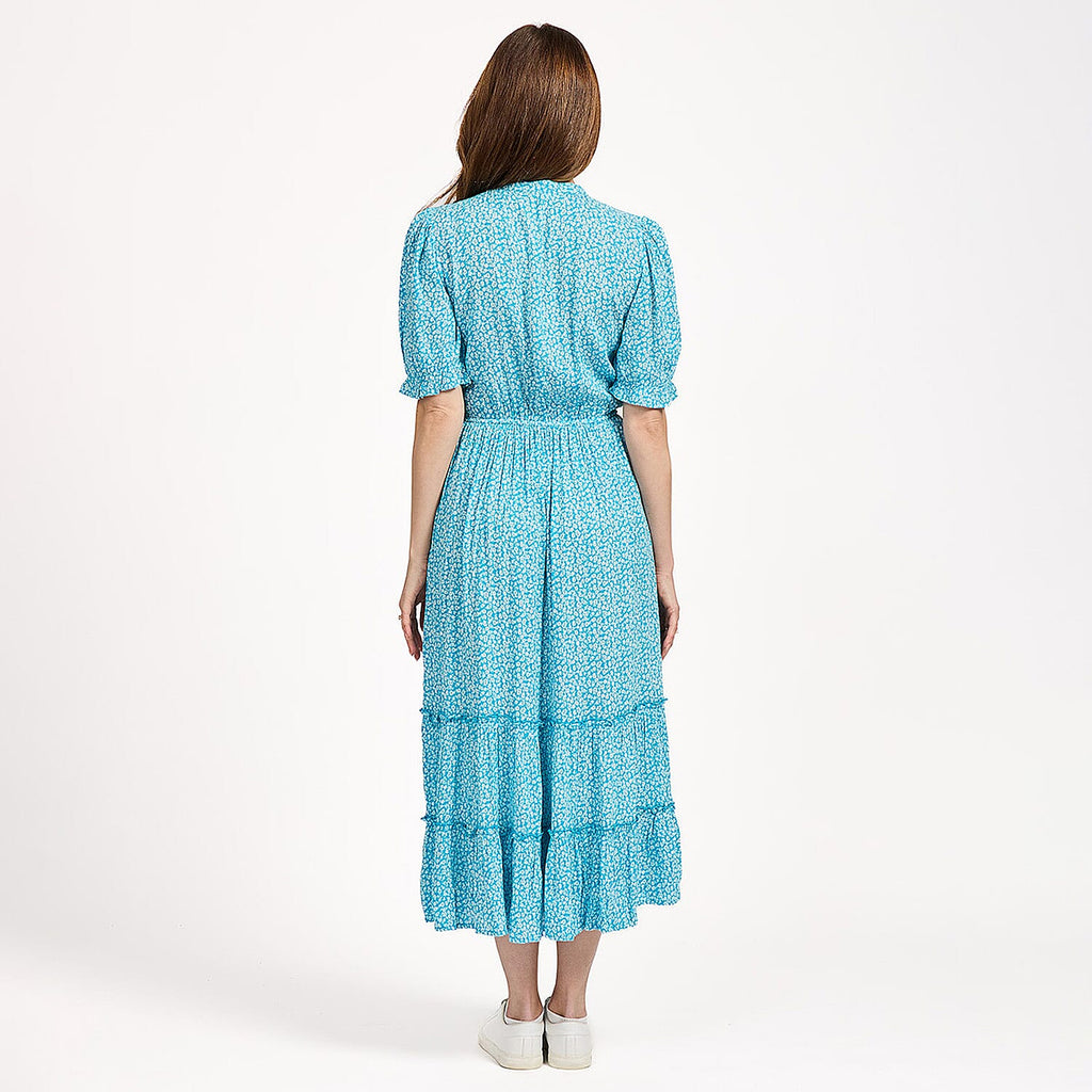 Mudflower Ditsy Floral Print Tiered Midi Dress with Puff Sleeves (Size 20) - Blue