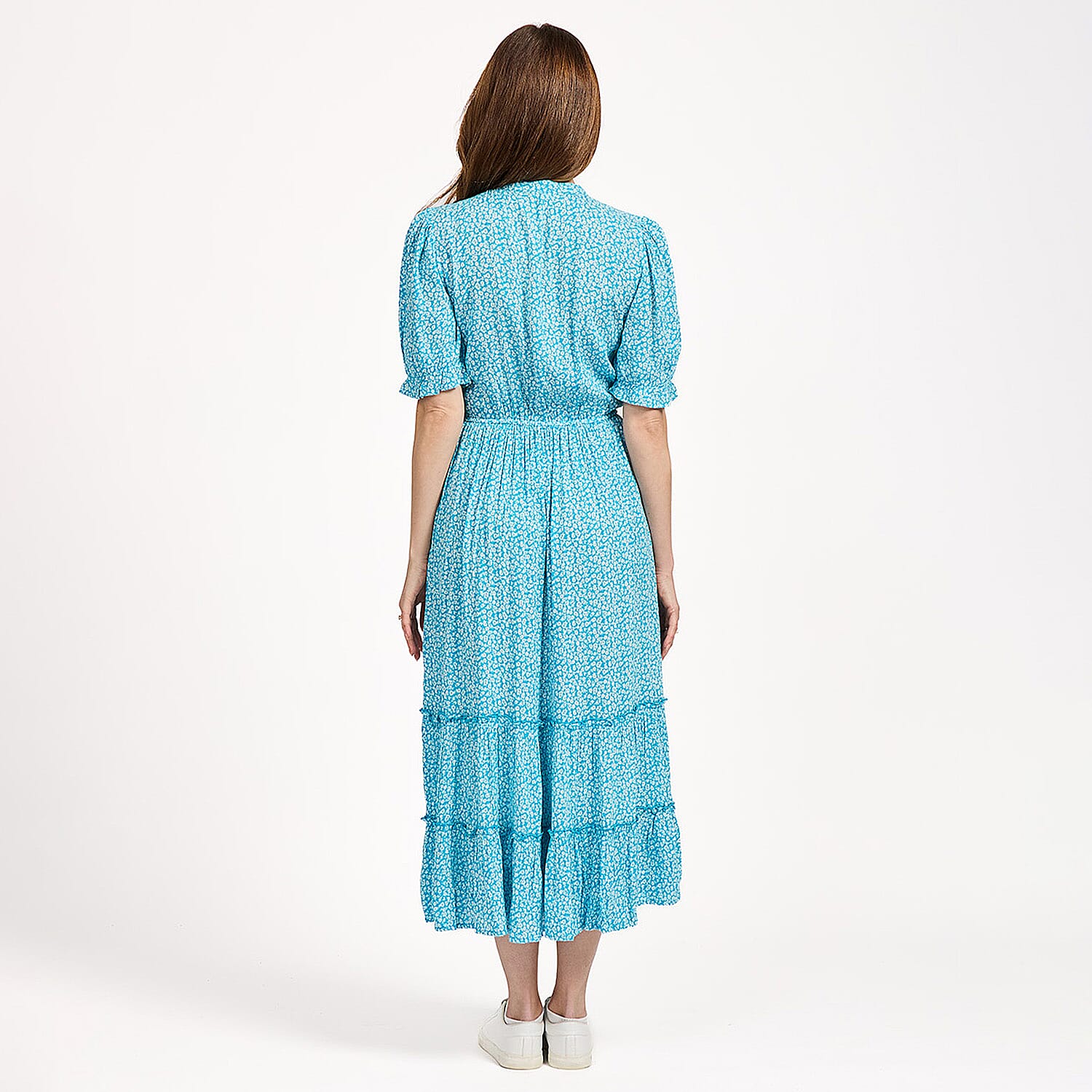 Mudflower Ditsy Floral Print Tiered Midi Dress with Puff Sleeves (Size 20) - Blue