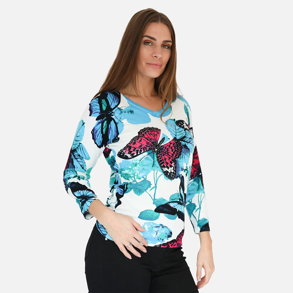 Mudflower Butterfly Printed V-Neck Jumper (Size 16) - Blue