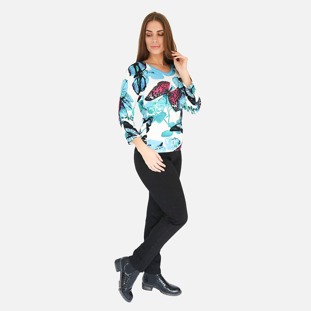Mudflower Butterfly Printed V-Neck Jumper (Size 16) - Blue