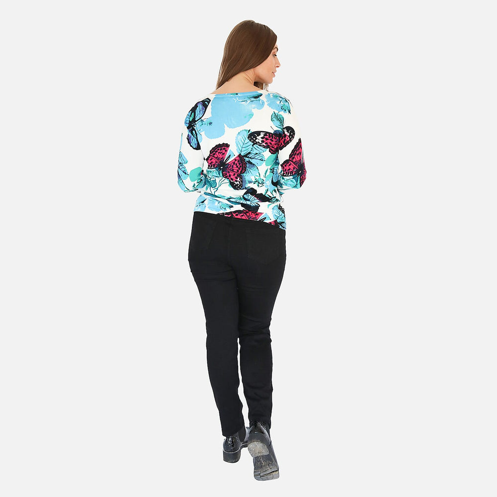 Mudflower Butterfly Printed V-Neck Jumper (Size 16) - Blue