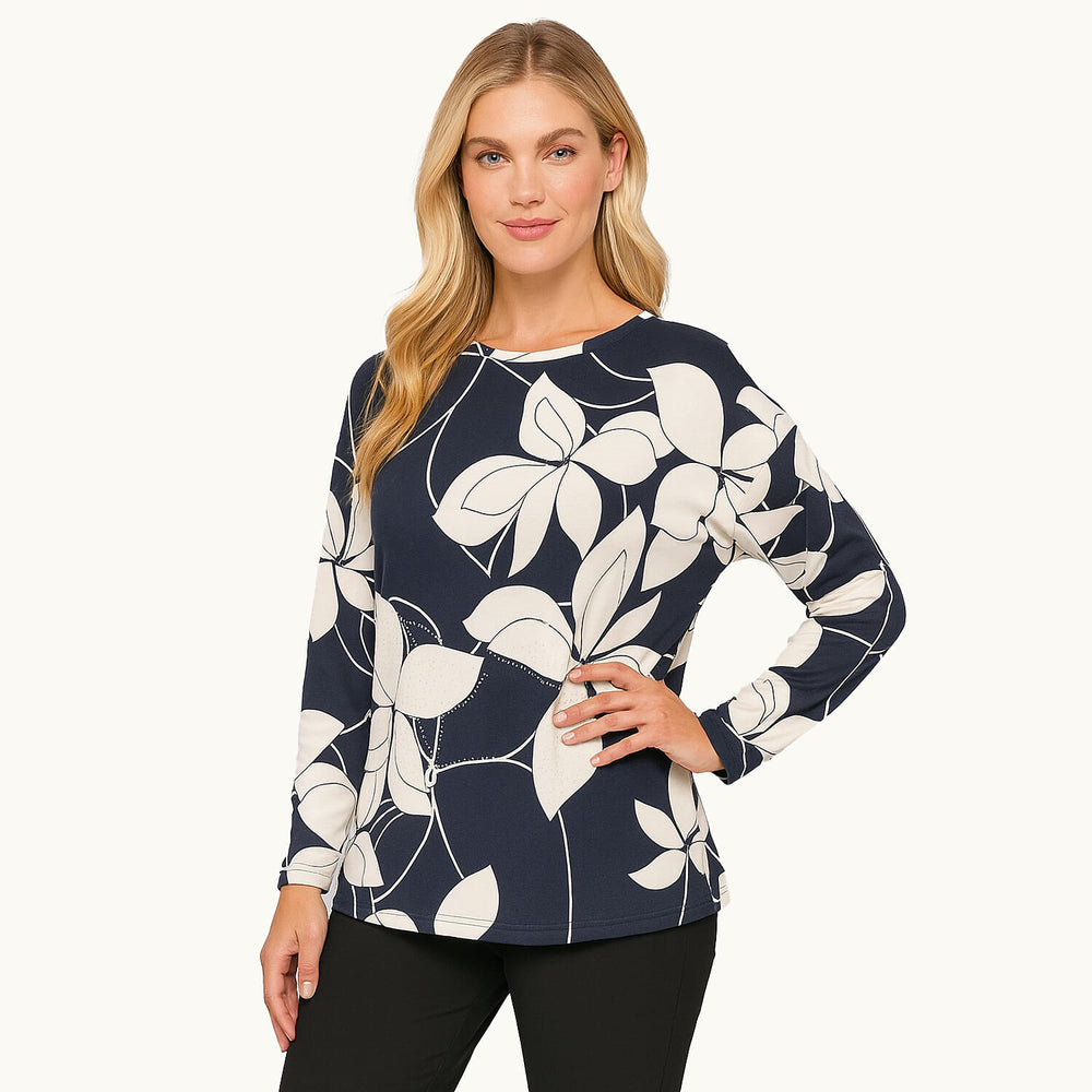 Mudflower Brushed Floral Print Long Sleeve Top (Size M) - Navy