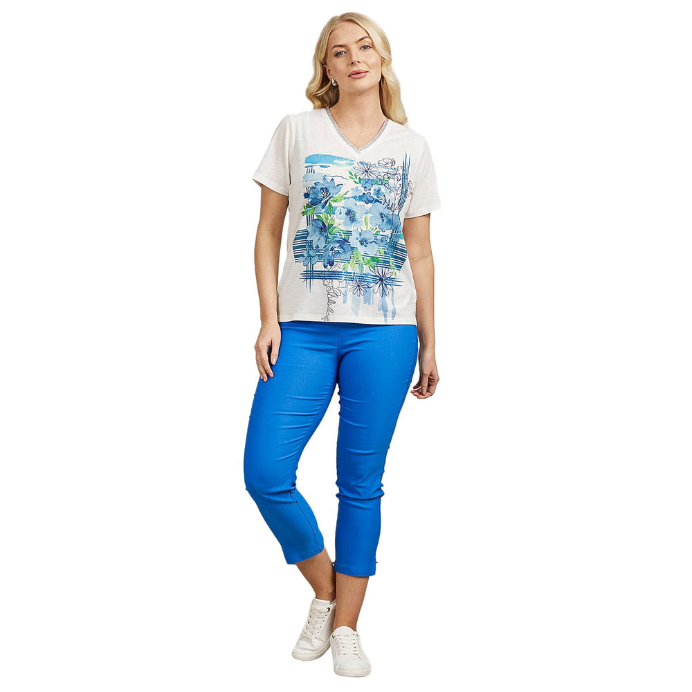 Mudflower Floral Pattern V-Neck T-Shirt (Size 10) - Blue