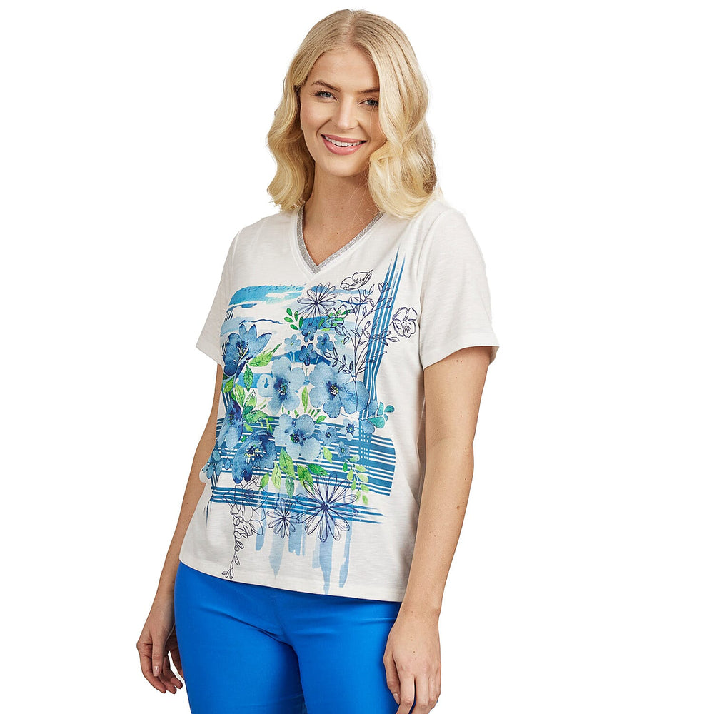 Mudflower Floral Pattern V-Neck T-Shirt (Size 10) - Blue