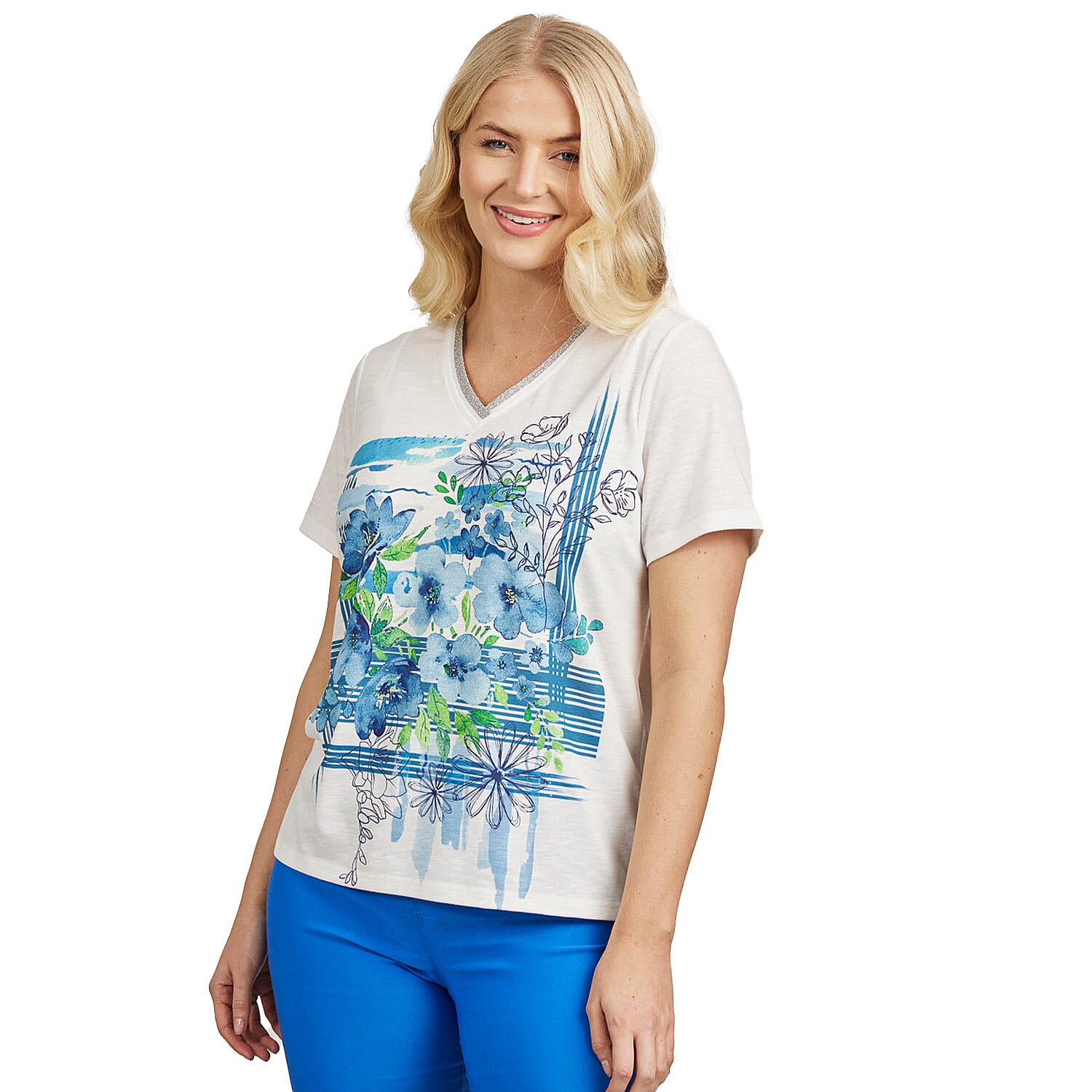 Mudflower Floral Pattern V-Neck T-Shirt (Size 10) - Blue