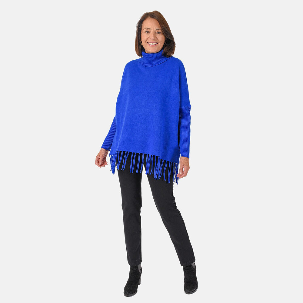 Mudflower Roll Neck Fringe Hem Jumper (One Size 12-14) - Blue