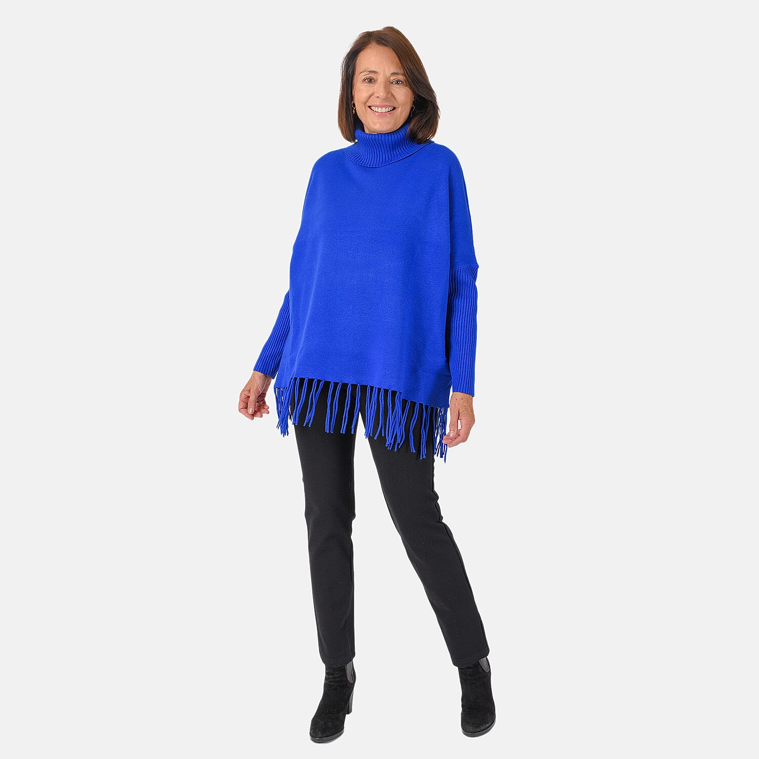 Mudflower Roll Neck Fringe Hem Jumper (One Size 12-14) - Blue