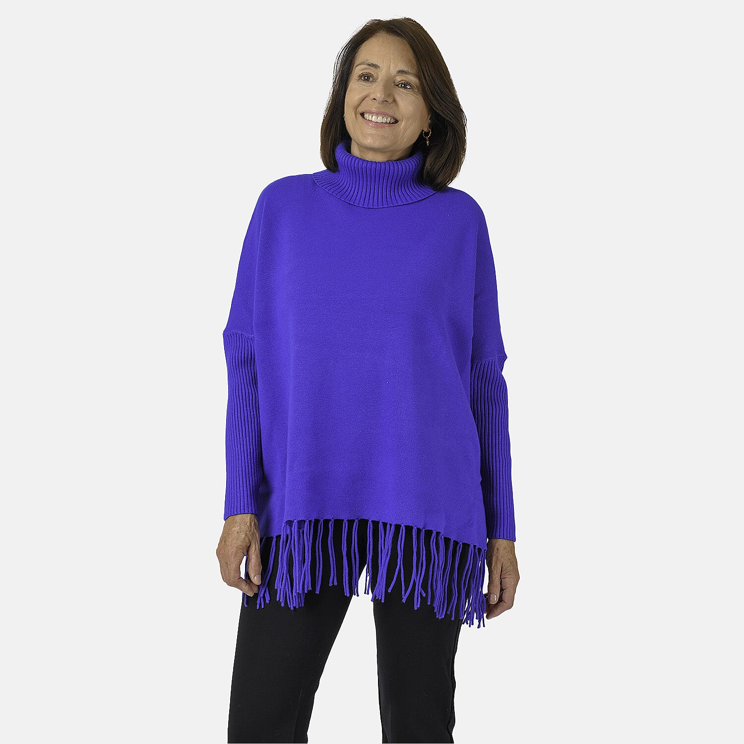 Mudflower Roll Neck Fringe Hem Jumper (One Size 12-14) - Blue
