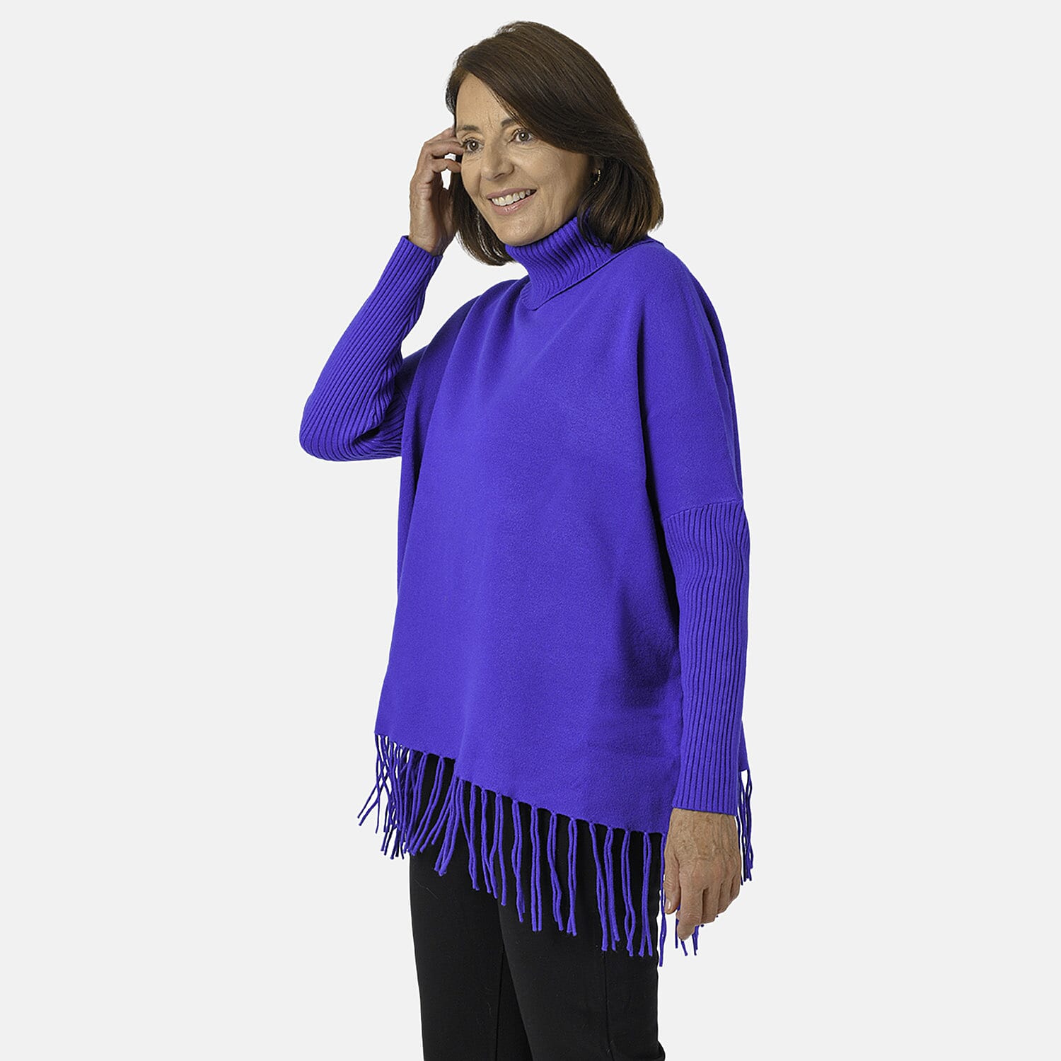 Mudflower Roll Neck Fringe Hem Jumper (One Size 12-14) - Blue