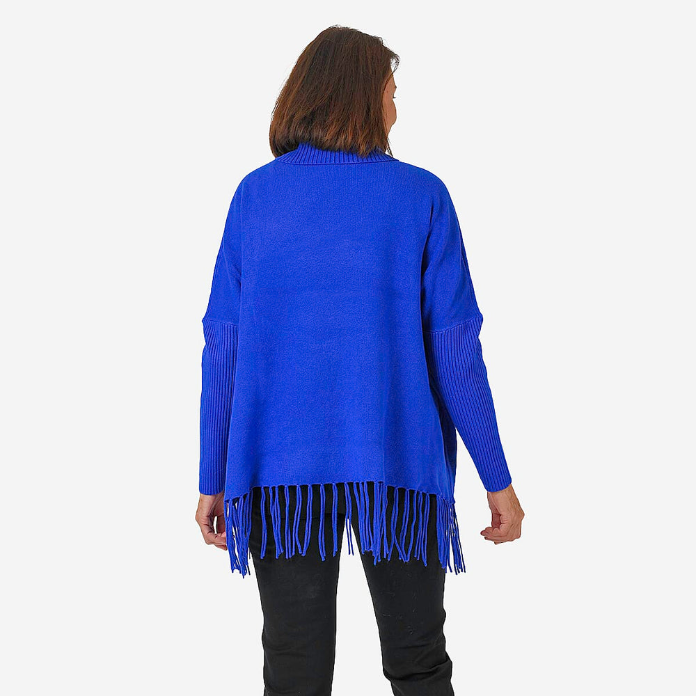 Mudflower Roll Neck Fringe Hem Jumper (One Size 12-14) - Blue