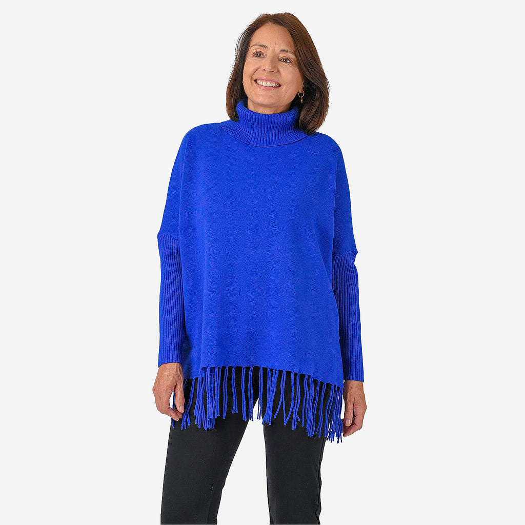 Mudflower Roll Neck Fringe Hem Jumper (One Size 14-16) - Blue