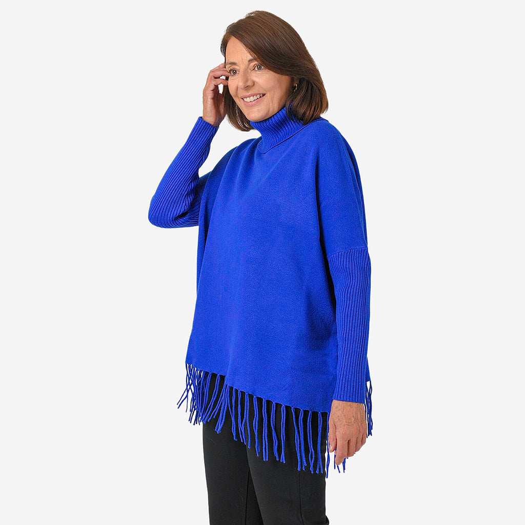 Mudflower Roll Neck Fringe Hem Jumper (One Size 14-16) - Blue