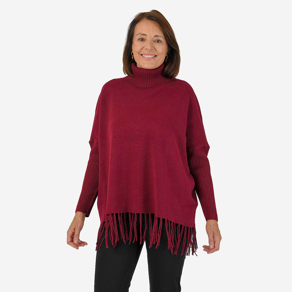 Mudflower Roll Neck Fringe Hem Jumper (Size 10-12) - Wine