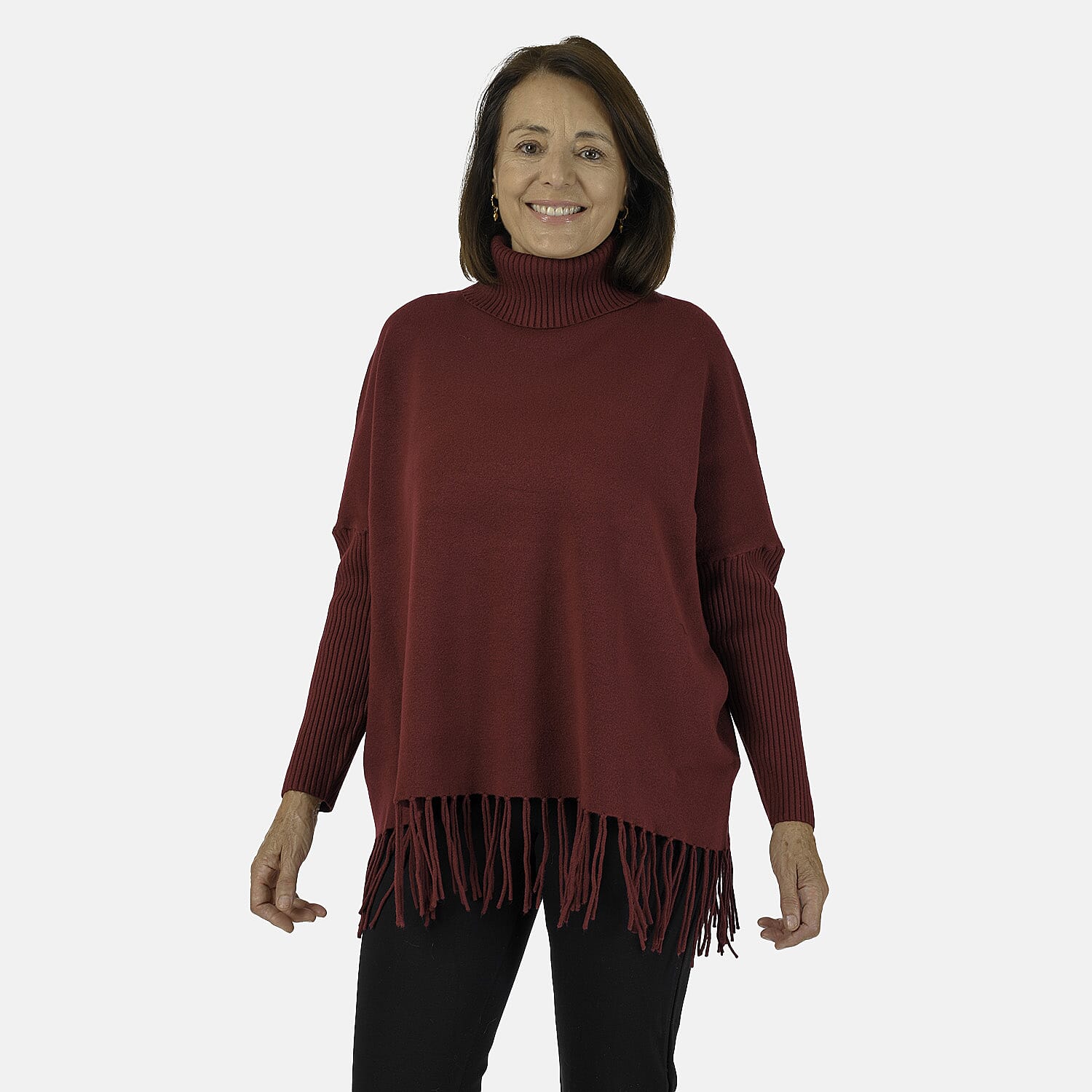 Mudflower Roll Neck Fringe Hem Jumper (Size 10-12) - Wine