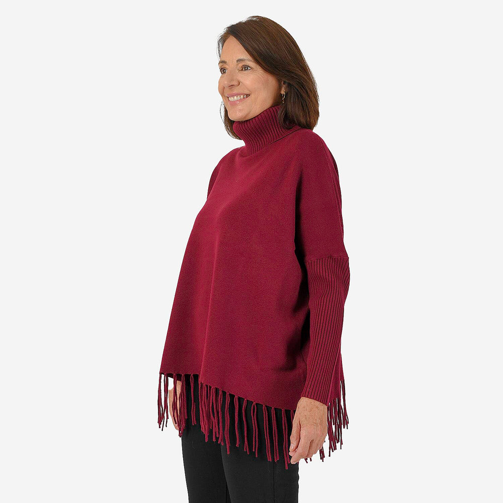 Mudflower Roll Neck Fringe Hem Jumper (Size 10-12) - Wine