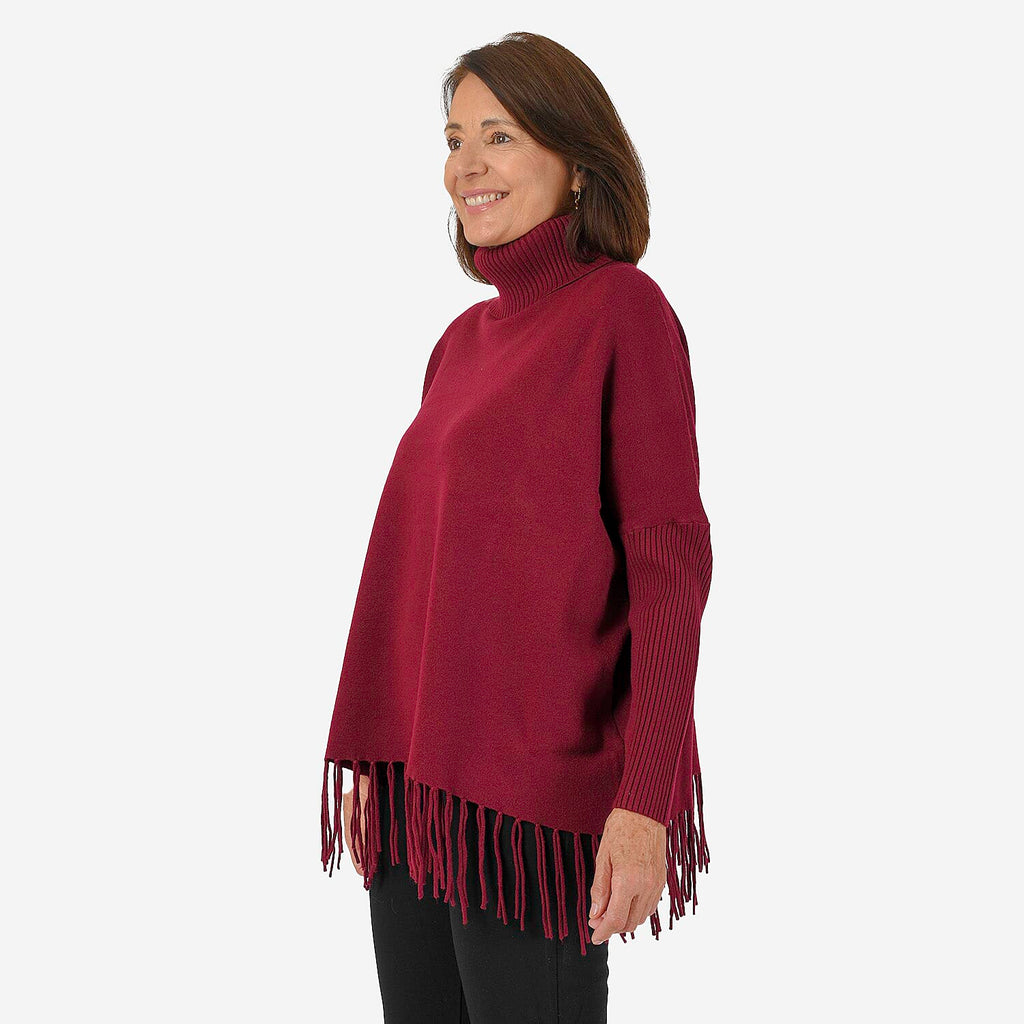 Mudflower Roll Neck Fringe Hem Jumper (Size 10-12) - Wine