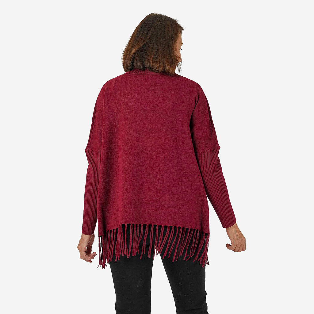 Mudflower Roll Neck Fringe Hem Jumper (Size 10-12) - Wine