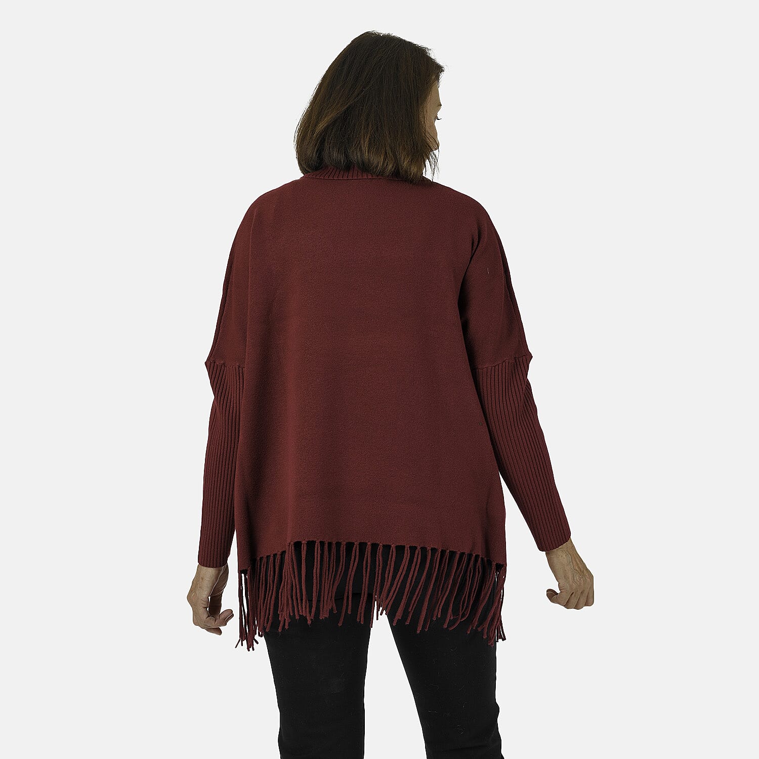 Mudflower Roll Neck Fringe Hem Jumper (Size 14-16) - Wine
