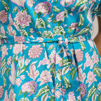 Mudflower 100% Cotton Floral Print Collared Midi Dress with Belt  (Size 10) - Teal