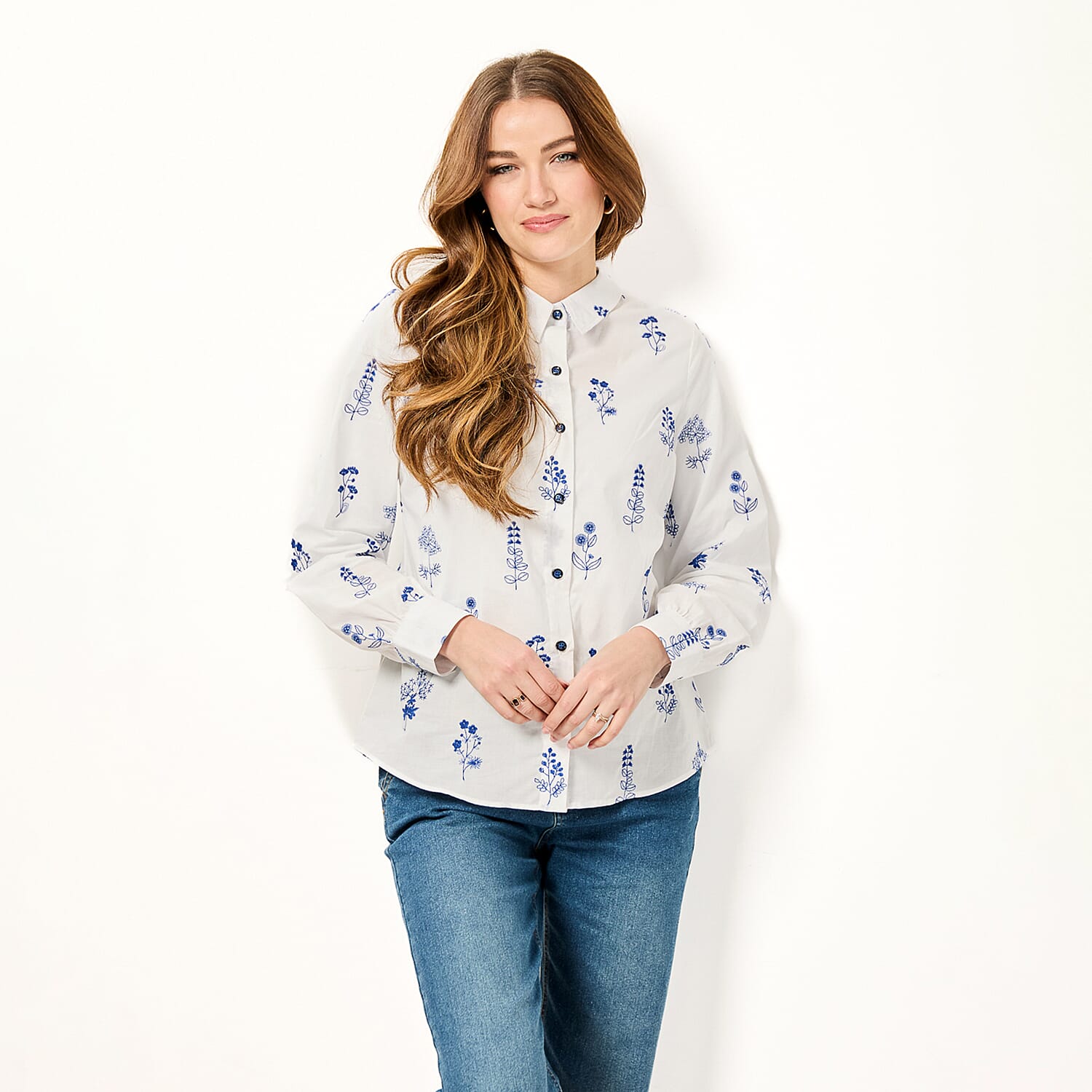 Mudflower Blue Floral Embroidered Long Sleeve Shirt (Size 12)