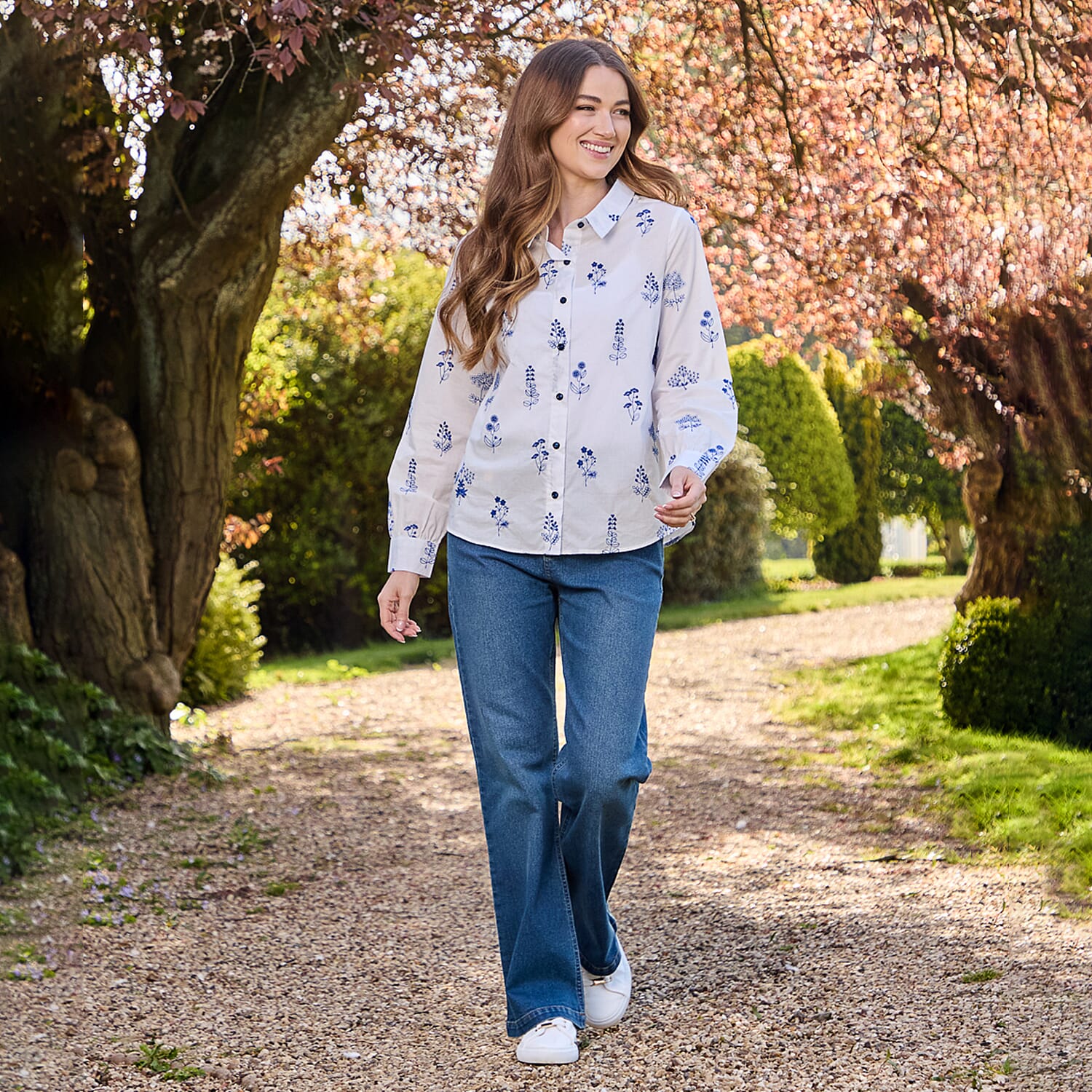Mudflower Blue Floral Embroidered Long Sleeve Shirt (Size 12)