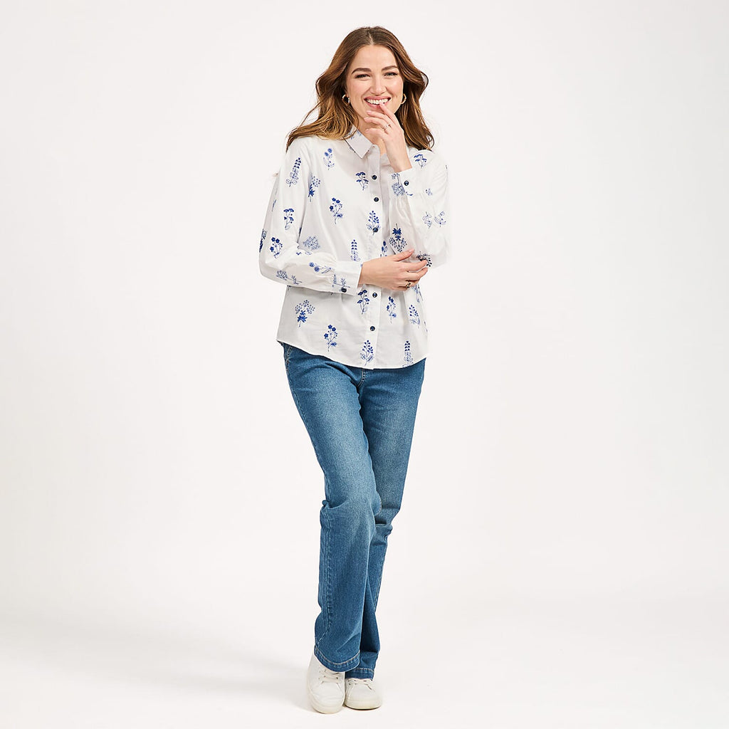 Mudflower Blue Floral Embroidered Long Sleeve Shirt (Size 12)