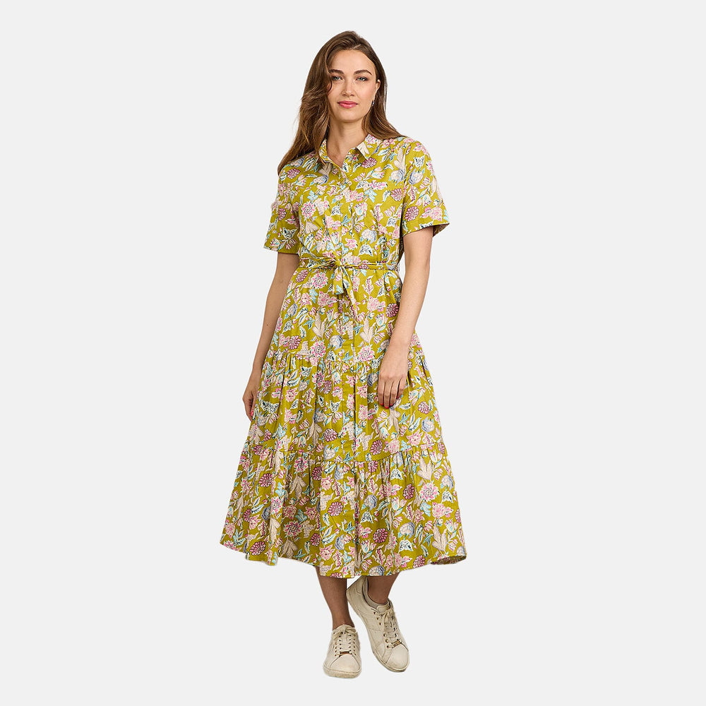 Mudflower 100% Cotton Floral Print Collared Midi Dress with Belt  (Size 12) - Mustard