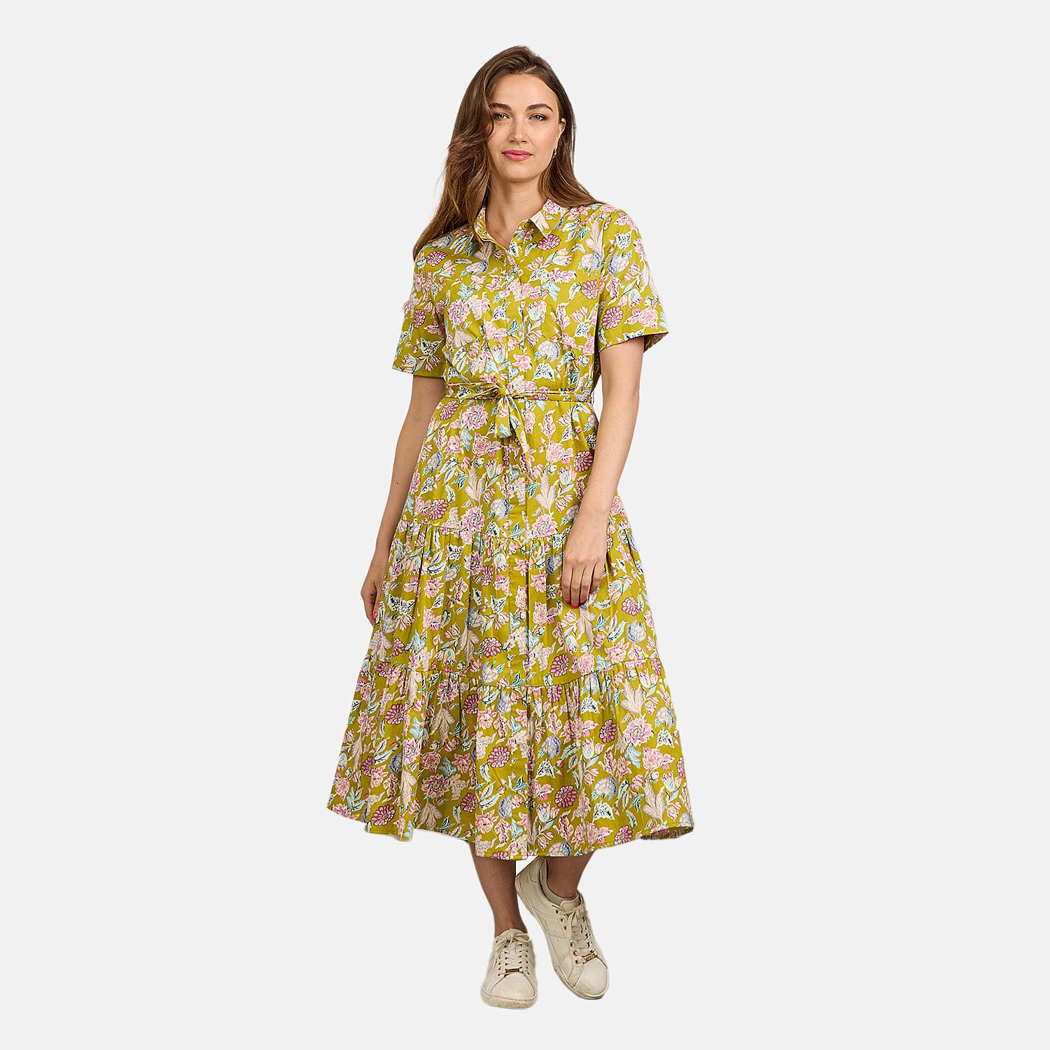 Mudflower 100% Cotton Floral Print Collared Midi Dress with Belt  (Size 12) - Mustard