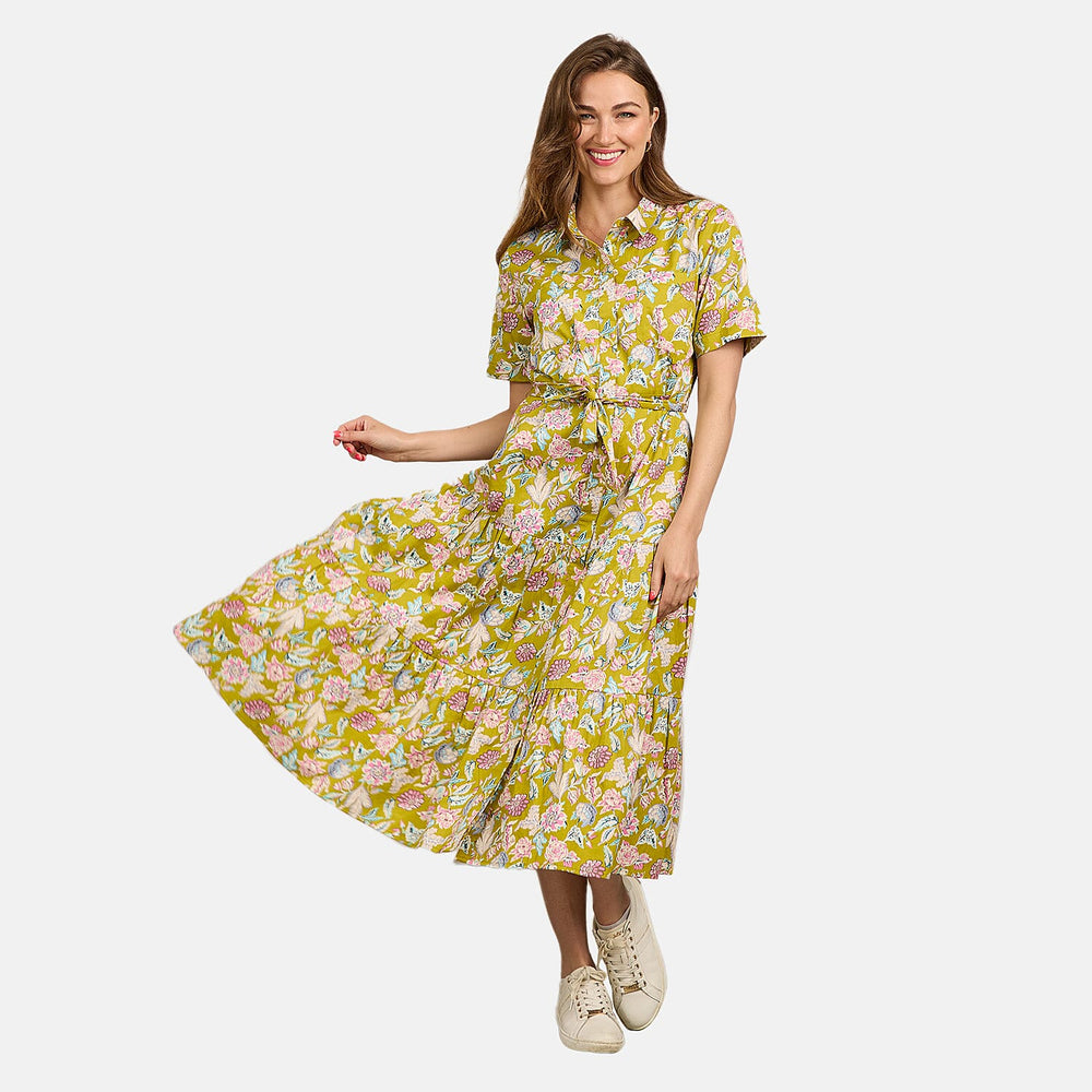 Mudflower 100% Cotton Floral Print Collared Midi Dress with Belt  (Size 12) - Mustard