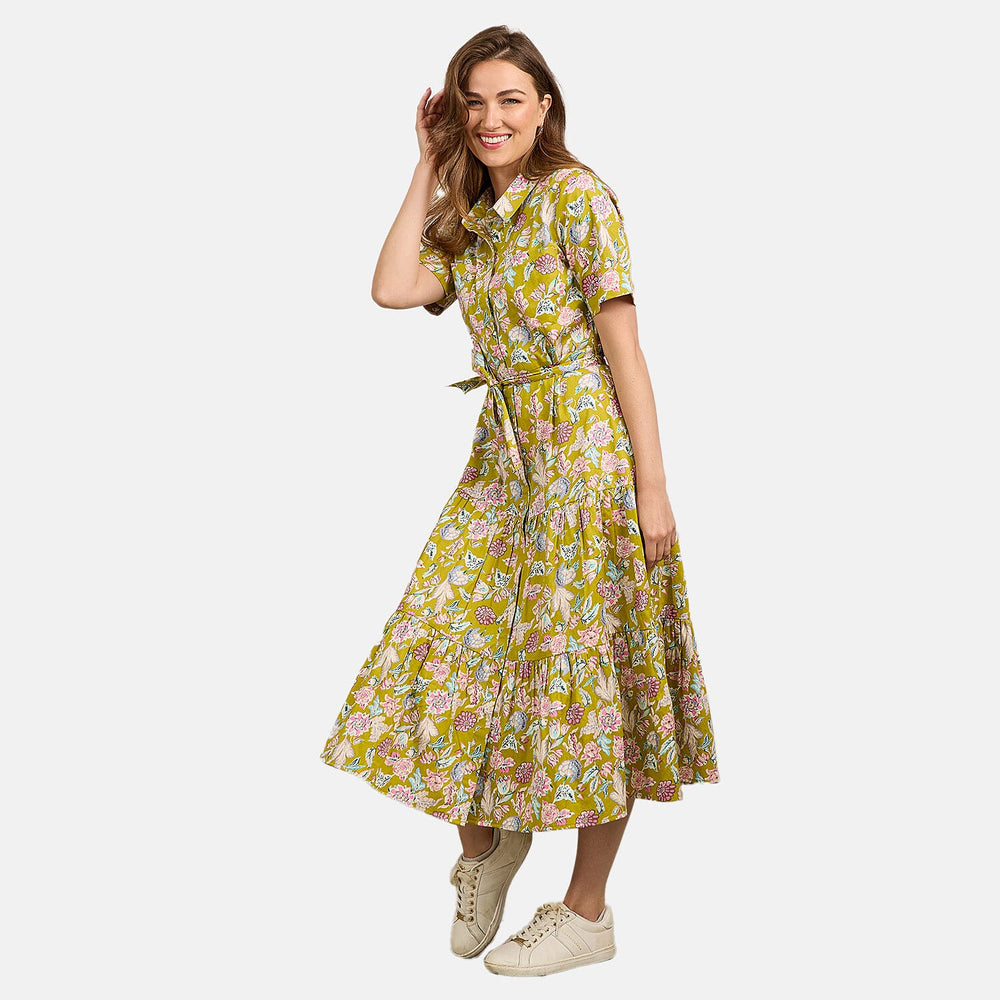 Mudflower 100% Cotton Floral Print Collared Midi Dress with Belt  (Size 12) - Mustard