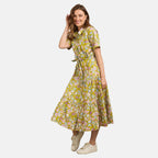 Mudflower 100% Cotton Floral Print Collared Midi Dress with Belt  (Size 12) - Mustard