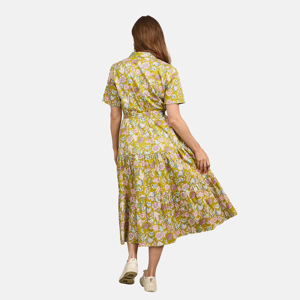 Mudflower 100% Cotton Floral Print Collared Midi Dress with Belt  (Size 12) - Mustard