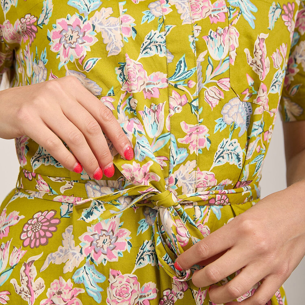Mudflower 100% Cotton Floral Print Collared Midi Dress with Belt  (Size 12) - Mustard