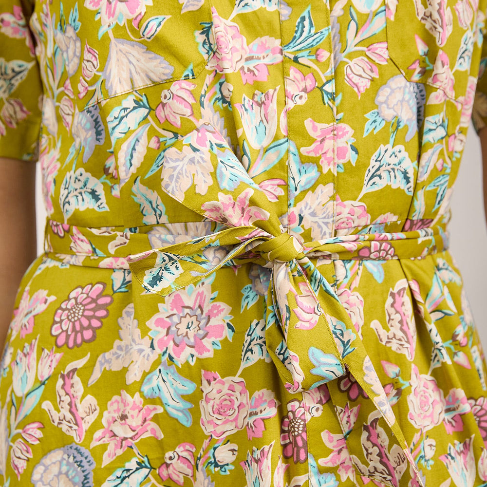 Mudflower 100% Cotton Floral Print Collared Midi Dress with Belt  (Size 12) - Mustard