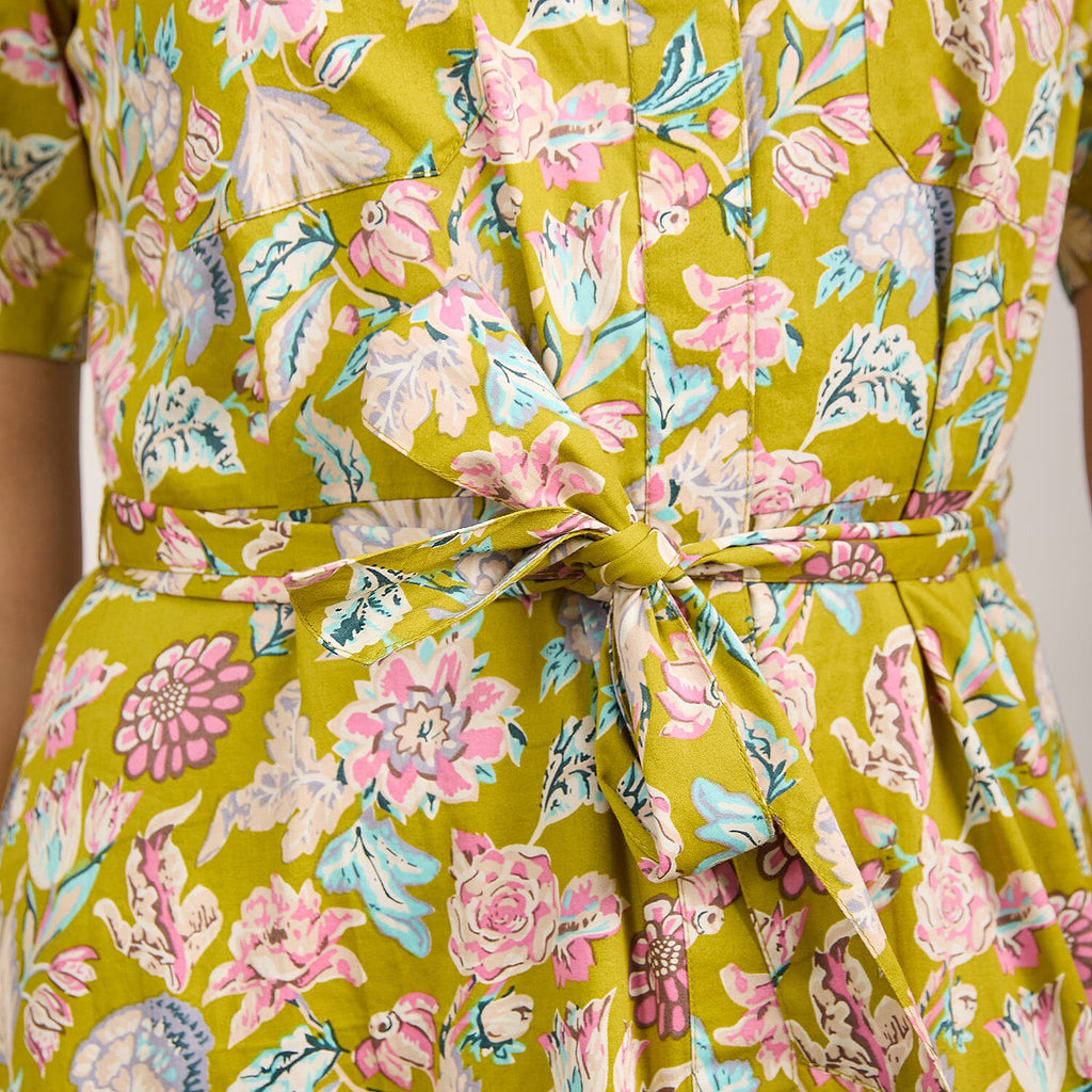 Mudflower 100% Cotton Floral Print Collared Midi Dress with Belt  (Size 12) - Mustard