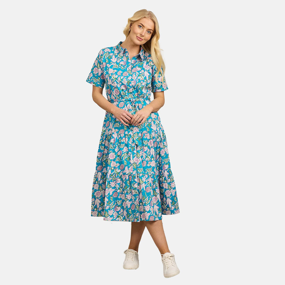 Mudflower 100% Cotton Floral Print Collared Midi Dress with Belt  (Size 12) - Teal