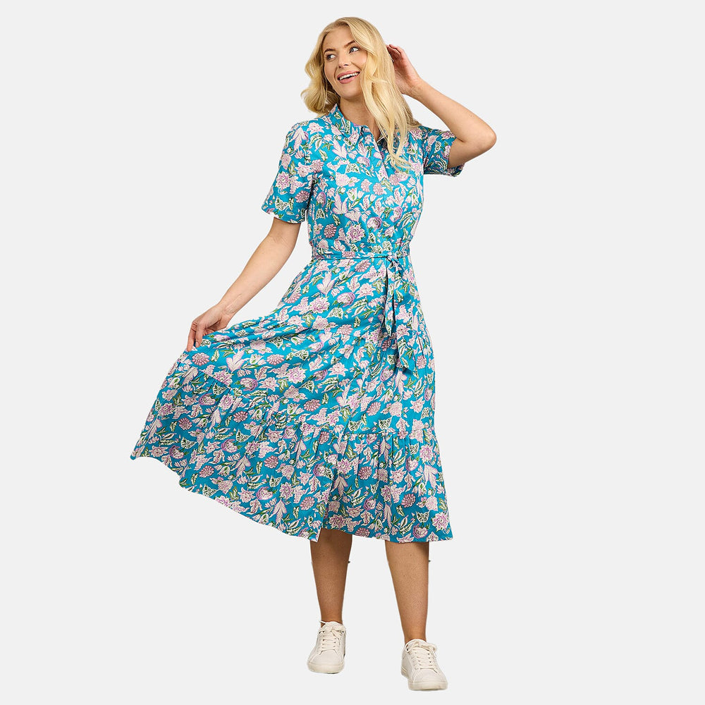 Mudflower 100% Cotton Floral Print Collared Midi Dress with Belt  (Size 12) - Teal