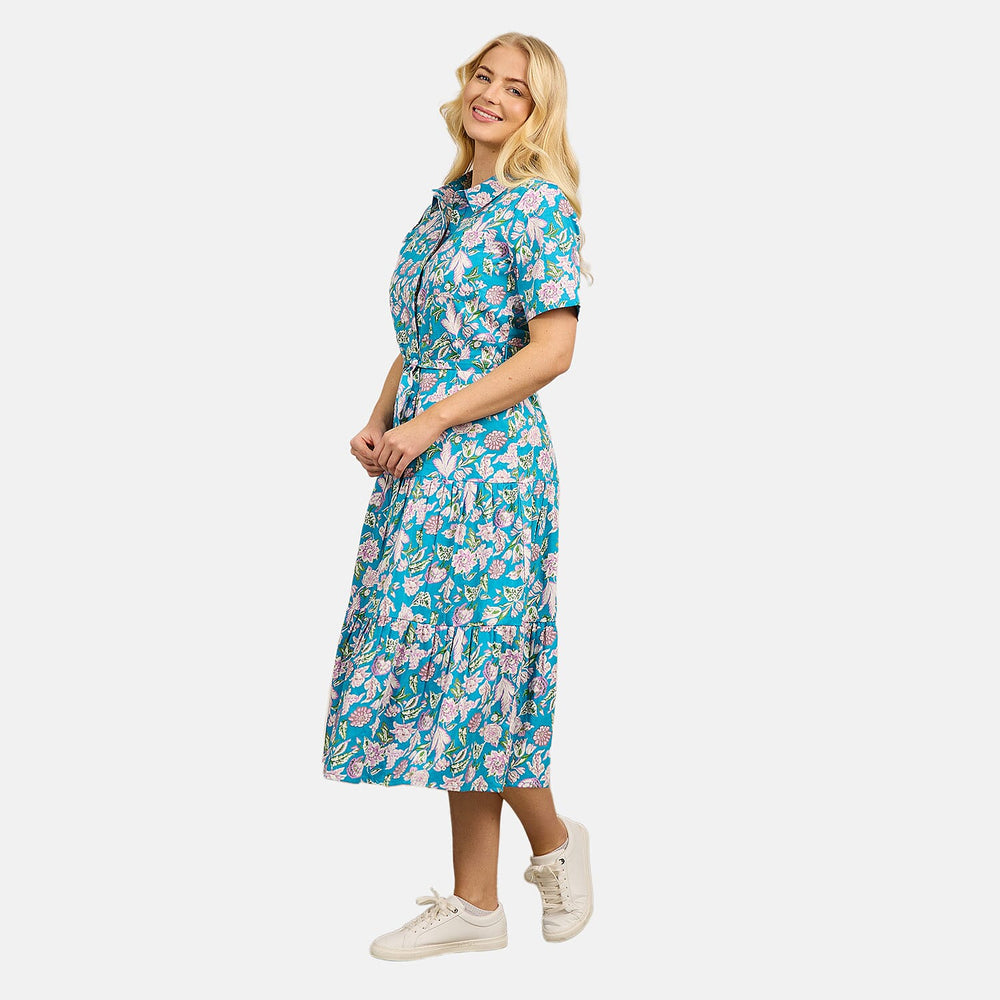 Mudflower 100% Cotton Floral Print Collared Midi Dress with Belt  (Size 12) - Teal