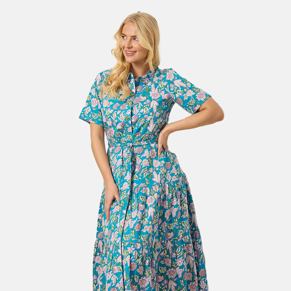 Mudflower 100% Cotton Floral Print Collared Midi Dress with Belt  (Size 12) - Teal