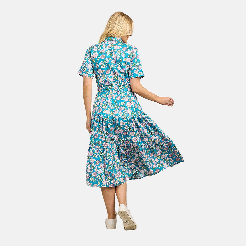 Mudflower 100% Cotton Floral Print Collared Midi Dress with Belt  (Size 12) - Teal