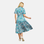 Mudflower 100% Cotton Floral Print Collared Midi Dress with Belt  (Size 12) - Teal