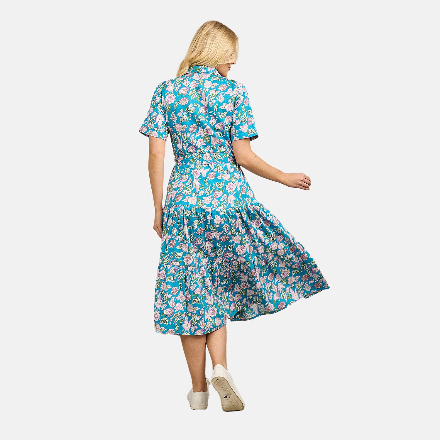 Mudflower 100% Cotton Floral Print Collared Midi Dress with Belt  (Size 12) - Teal