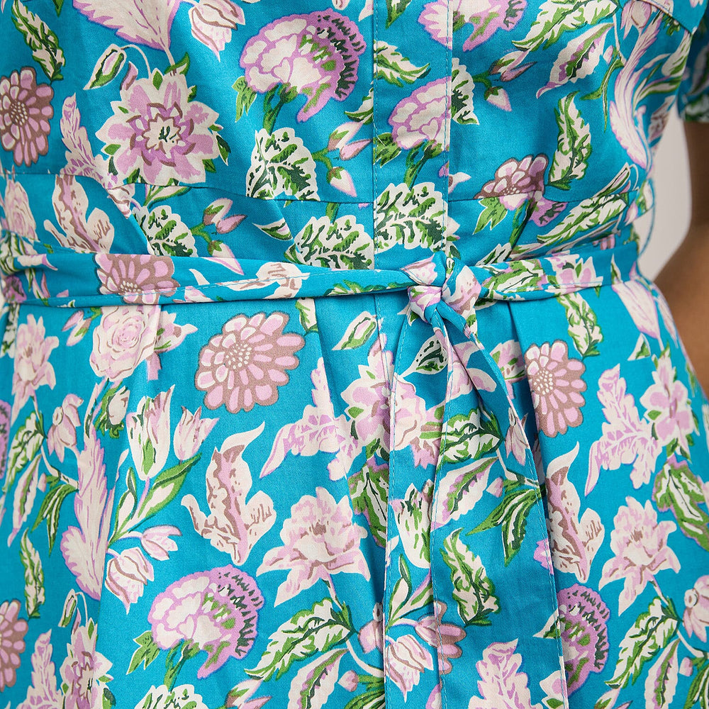 Mudflower 100% Cotton Floral Print Collared Midi Dress with Belt  (Size 12) - Teal