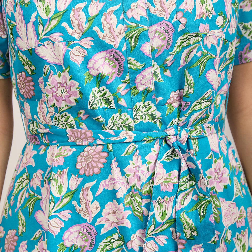 Mudflower 100% Cotton Floral Print Collared Midi Dress with Belt  (Size 12) - Teal
