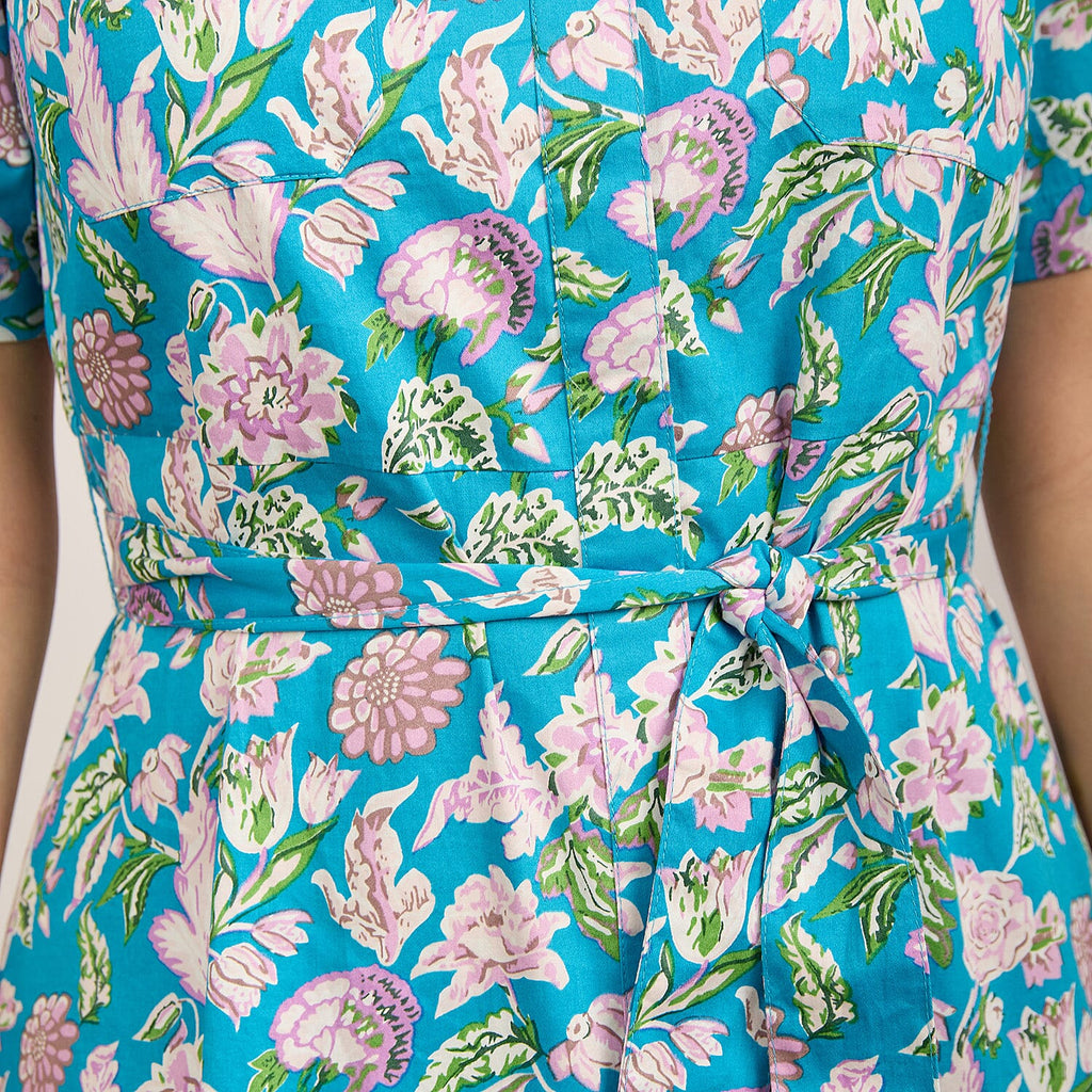 Mudflower 100% Cotton Floral Print Collared Midi Dress with Belt  (Size 12) - Teal