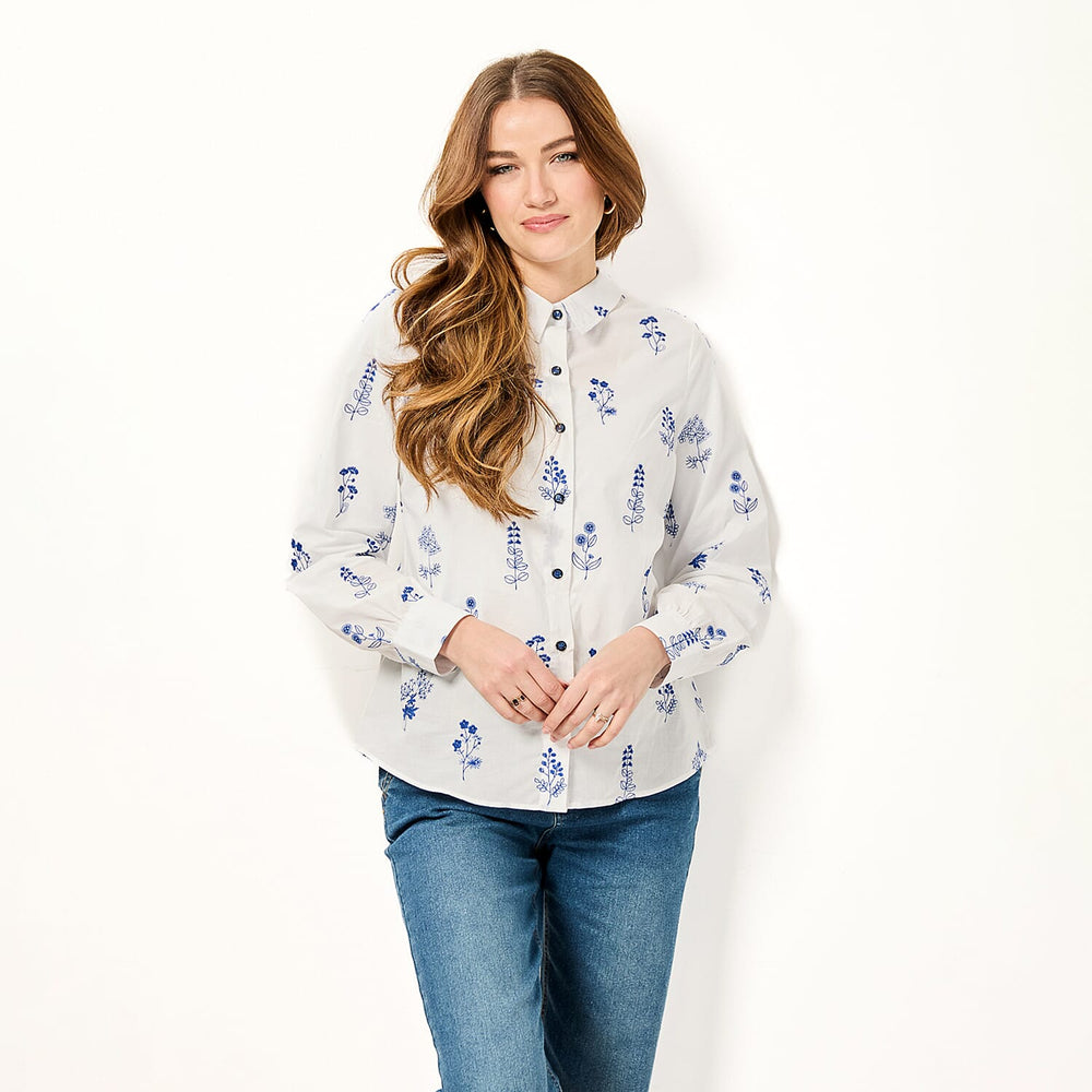 Mudflower Blue Floral Embroidered Long Sleeve Shirt (Size 16)